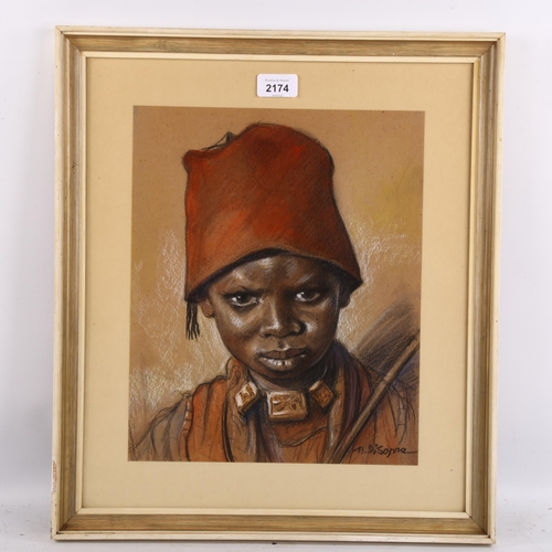 2174 - Bruno De Sopra, coloured pastels, African boy, signed, 34cm x 27cm, framed