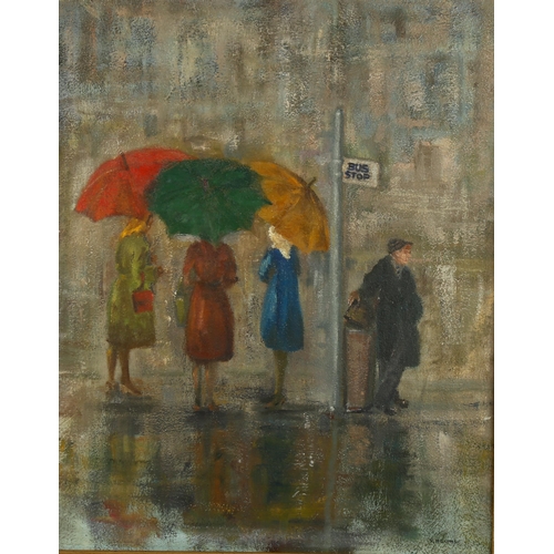 2179 - R H Combe, oil on board, umbrellas at the bus stop, signed, 50cm x 40cm, framed