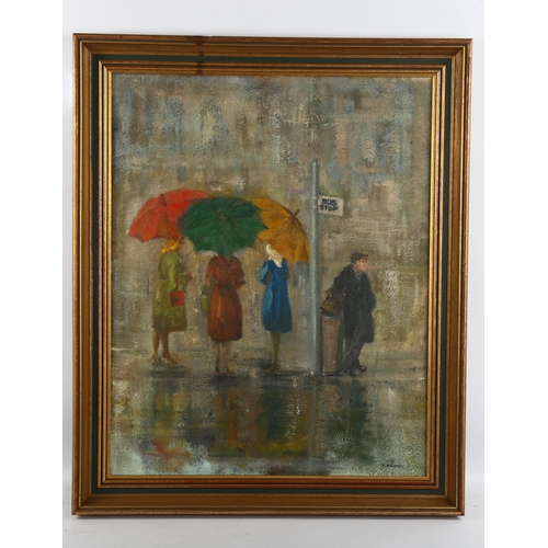 2179 - R H Combe, oil on board, umbrellas at the bus stop, signed, 50cm x 40cm, framed