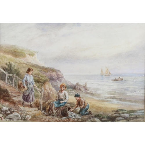 2180 - Watercolour, circa 1900, children at the shore, signed with monogram, 25cm x 34cm, framed