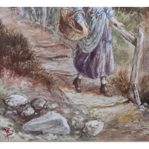 2180 - Watercolour, circa 1900, children at the shore, signed with monogram, 25cm x 34cm, framed