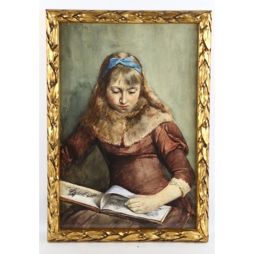 2181 - 19th century watercolour, girl with a sketch album, signed and dated 1884, 52cm x 34cm, framed