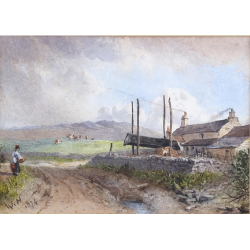 2191 - William Hull (1820 - 1880) watercolour, Pennine farm, 1874, 12cm x 16cm, and 19th century watercolou... 