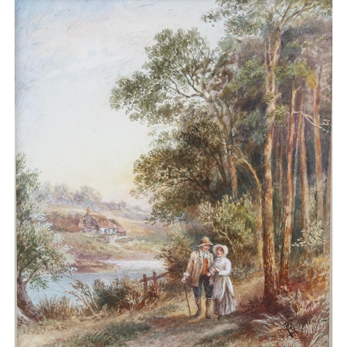 2194 - Circle of Myles Birket Foster, watercolour, a stroll beside the river, signed with monogram, 13cm x ... 