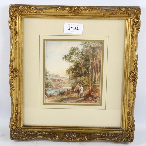 2194 - Circle of Myles Birket Foster, watercolour, a stroll beside the river, signed with monogram, 13cm x ... 