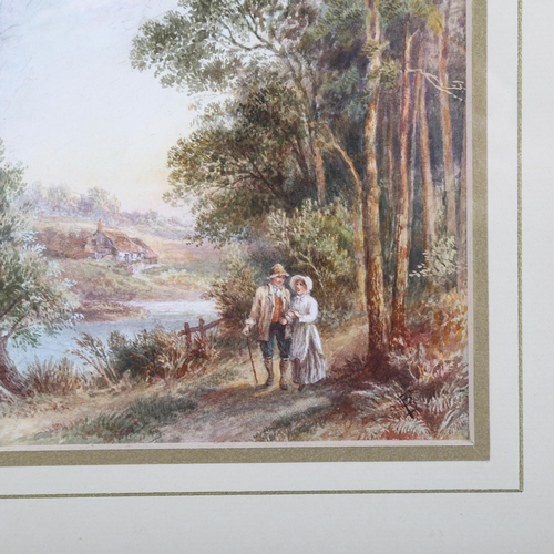 2194 - Circle of Myles Birket Foster, watercolour, a stroll beside the river, signed with monogram, 13cm x ... 