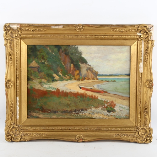 2200 - W H Margetson, oil on board, beached boats, signed, 23cm x 30cm, framed