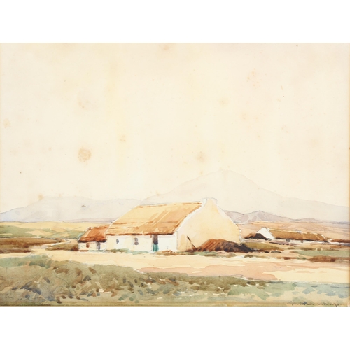 2201 - Maurice Canning Wilks, watercolour Donegal homestead, signed with Belfast framing label verso, 22cm ... 