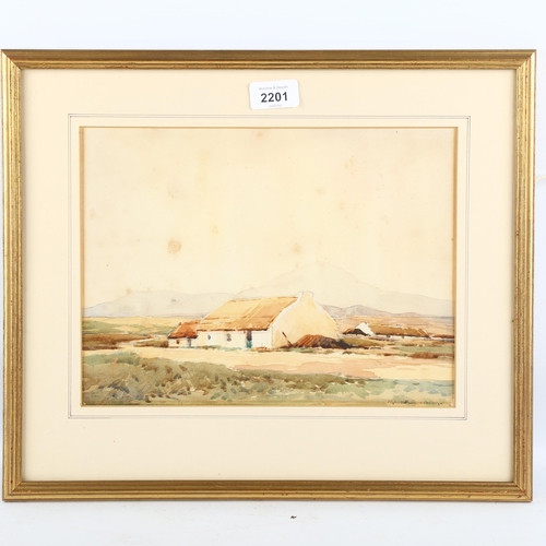 2201 - Maurice Canning Wilks, watercolour Donegal homestead, signed with Belfast framing label verso, 22cm ... 