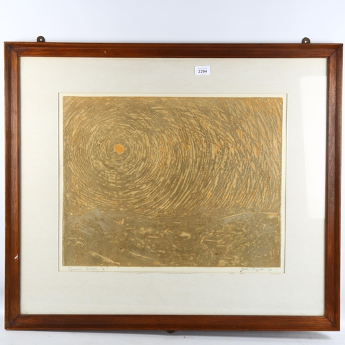 2204 - John Piggott, coloured etching, abstract sun, signed in pencil dated '66, plate 42cm x 54cm, framed