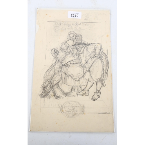 2210 - Charles Edward Brock (1870 - 1938), original pencil sketch design for a Christmas card circa 1900, s... 