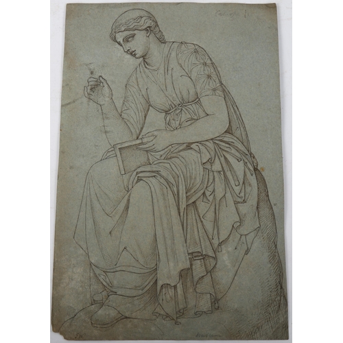 2217 - Pre-Raphaelite School, pen and ink on grey paper, seated Classical figure with further studies verso... 