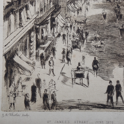 2221 - James Whistler, 2 etchings, St James's Street 1879, and London river view, signed by Sydney Jones, u... 