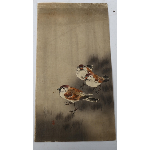 2247 - Koson (1887 - 1945), woodblock print, 3 sparrows in a spring shower, circa 1912, 36cm x 19cm, unfram... 