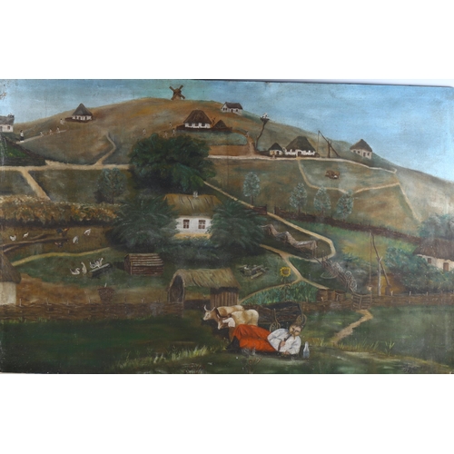 2249 - Mid-20th century Russian School, large oil on canvas, study of a farmstead, indistinctly signed and ... 