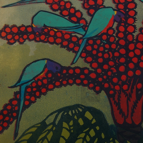 2251 - Angela Newberry, linocut print, Lorikeets In The Umbrella Tree artist's proof, signed in pencil, ima... 