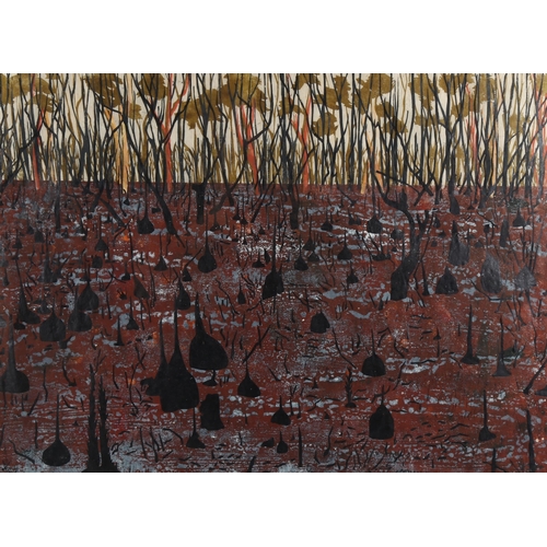 2252 - Angela Newberry, colour linocut print, Bushfire III, signed in pencil, no. 13/20, image 41cm x 56cm,... 