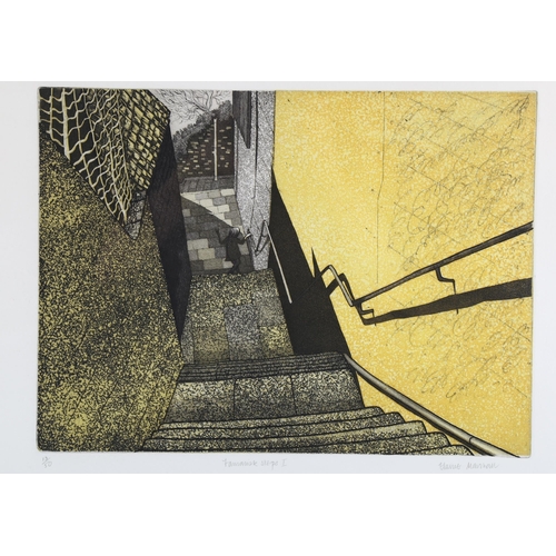 2253 - Elaine Marshall, coloured etching, Tamarisk Steps I, signed in pencil, no. 13/50, image 28cm x 37cm,... 