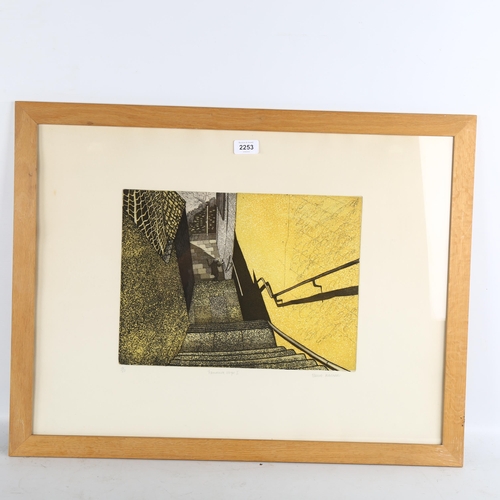 2253 - Elaine Marshall, coloured etching, Tamarisk Steps I, signed in pencil, no. 13/50, image 28cm x 37cm,... 