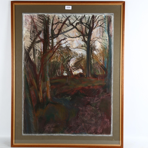 2256 - Mary Shields, coloured pastels, looking into the wood, artist's label verso, 74cm x 56cm, framed