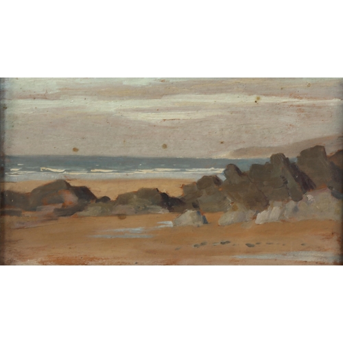 2258 - Early 20th century oil on wood panel, shore scene, unsigned, 13cm x 21cm, framed