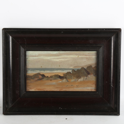 2258 - Early 20th century oil on wood panel, shore scene, unsigned, 13cm x 21cm, framed