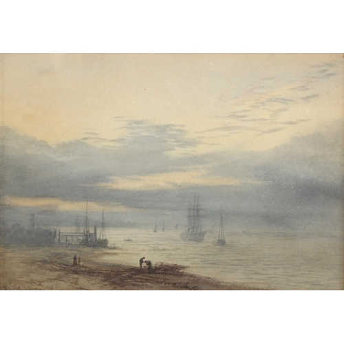 2259 - J White?, watercolour, circa 1900, misty shore scene, indistinctly signed, 17cm x 24cm, framed