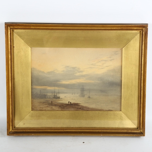 2259 - J White?, watercolour, circa 1900, misty shore scene, indistinctly signed, 17cm x 24cm, framed