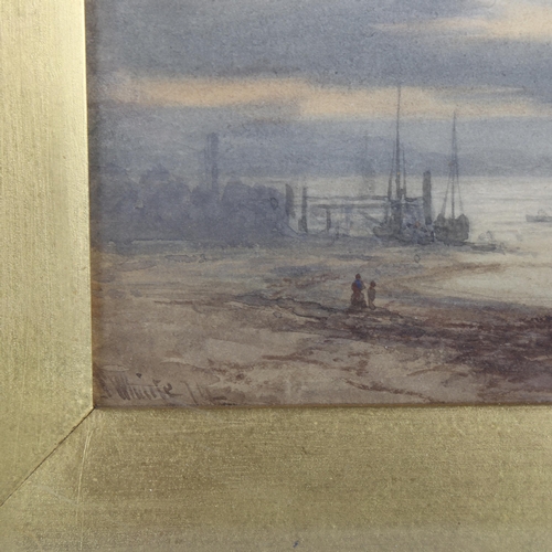 2259 - J White?, watercolour, circa 1900, misty shore scene, indistinctly signed, 17cm x 24cm, framed