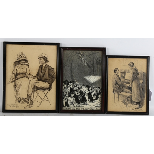 2264 - 3 original early 20th century ink and pencil drawings (2 indistinctly signed), study of 2 seated fig... 