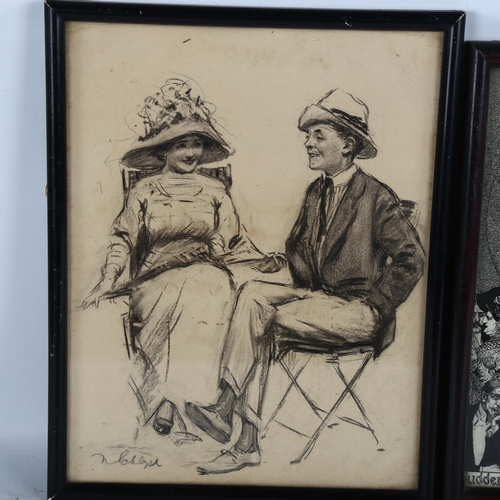 2264 - 3 original early 20th century ink and pencil drawings (2 indistinctly signed), study of 2 seated fig... 