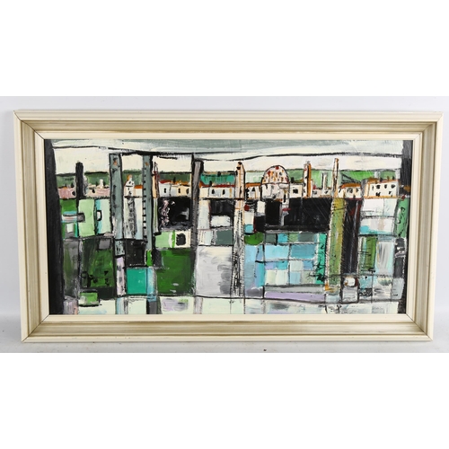 2268 - Contemporary acrylic on board, abstract skyline, 30cm x 60cm, framed