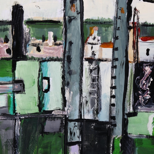 2268 - Contemporary acrylic on board, abstract skyline, 30cm x 60cm, framed