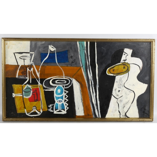 2269 - Contemporary acrylic on board, abstract still life, unsigned, 40cm x 75cm, framed