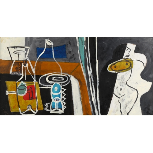 2269 - Contemporary acrylic on board, abstract still life, unsigned, 40cm x 75cm, framed