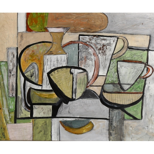 2270 - Contemporary acrylic on board, abstract still life, unsigned, 47cm x 56cm, framed