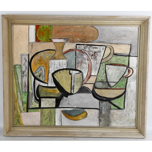 2270 - Contemporary acrylic on board, abstract still life, unsigned, 47cm x 56cm, framed