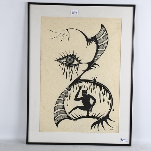 2272 - Kaka, pen and ink, Tribal study, signed and dated 1980, 58cm x 40cm, framed