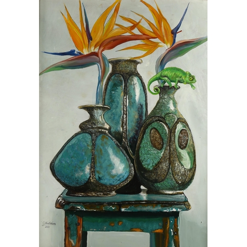 2275 - Clive Fredriksson, oil on board, chameleon, overall frame dimensions 78cm x 59cm