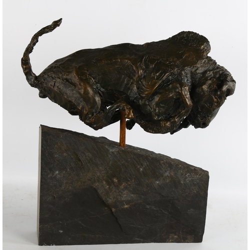 2277 - Clive Fredriksson, composition sculpture, Taurus the Bull, mounted on natural slate base, height 40c... 