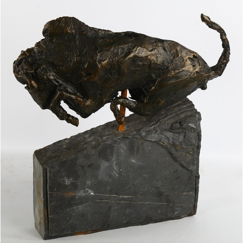 2277 - Clive Fredriksson, composition sculpture, Taurus the Bull, mounted on natural slate base, height 40c... 