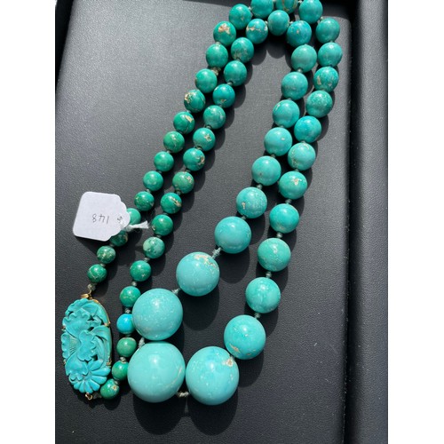 148 - An Antique graduated turquoise bead necklace, on individually knotted string on French gold-mounted ... 