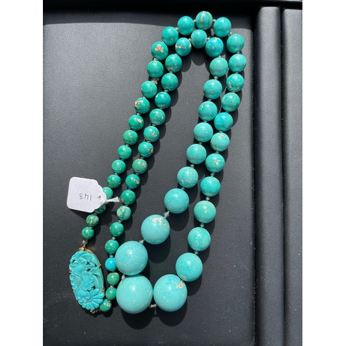 148 - An Antique graduated turquoise bead necklace, on individually knotted string on French gold-mounted ... 