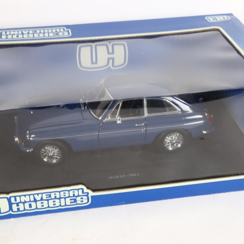 505 - Universal Hobbies Blue MGB GT Mk I and Blue Revell metal MSUTT, 1:18 scale models