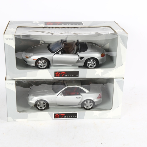 506 - UT Diecast Model Cars, Silver Mercedes SLK AMG 230, and Silver Boxster Porsche cabriolet, 1:18 scale... 