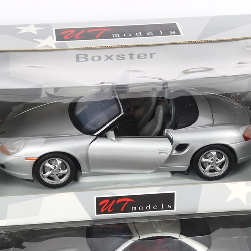 506 - UT Diecast Model Cars, Silver Mercedes SLK AMG 230, and Silver Boxster Porsche cabriolet, 1:18 scale... 