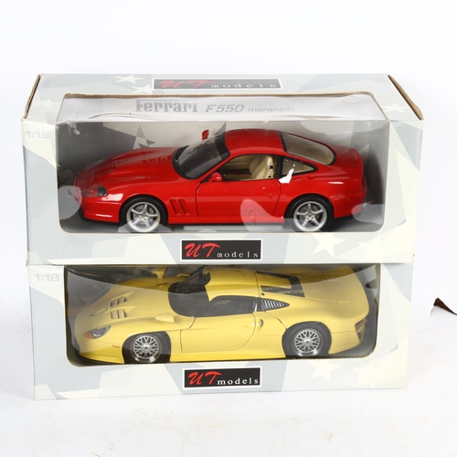 507 - UT Diecast Model Cars, Red Ferrari F550 Maramello and Yellow Porsche 911 1997, 1:118 scale models