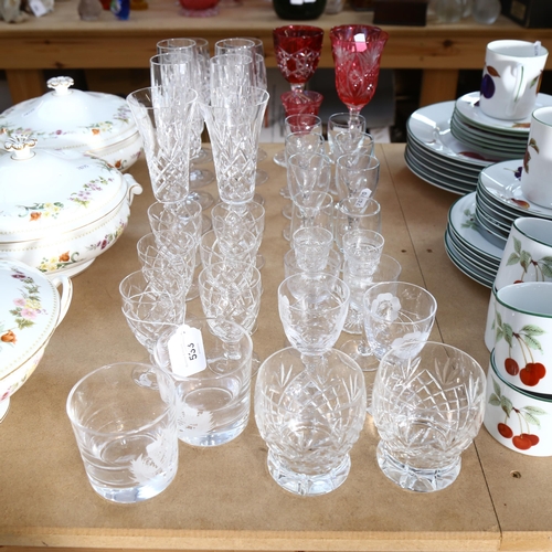 533 - Cranberry overlay wine goblets, tallest 22cm, various Champagne flues, liqueurs etc