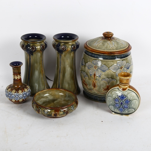 537 - A group of Royal Doulton items, including a pair of Art Nouveau vases, 13cm, Doulton Lambeth miniatu... 