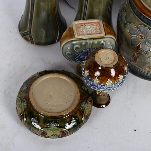 537 - A group of Royal Doulton items, including a pair of Art Nouveau vases, 13cm, Doulton Lambeth miniatu... 